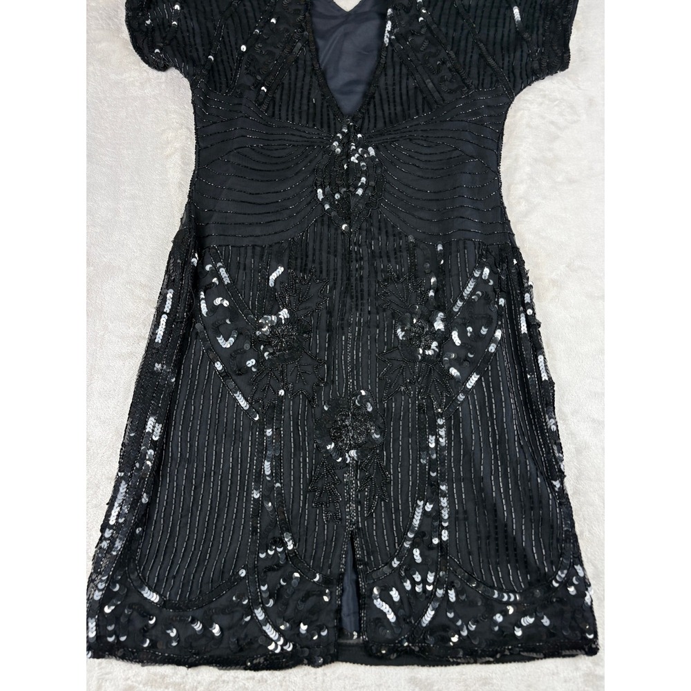 Vintage Carina Black Pure Silk Beaded Sequin Art Deco Flapper Mini Dress Medium - Picture 6 of 9